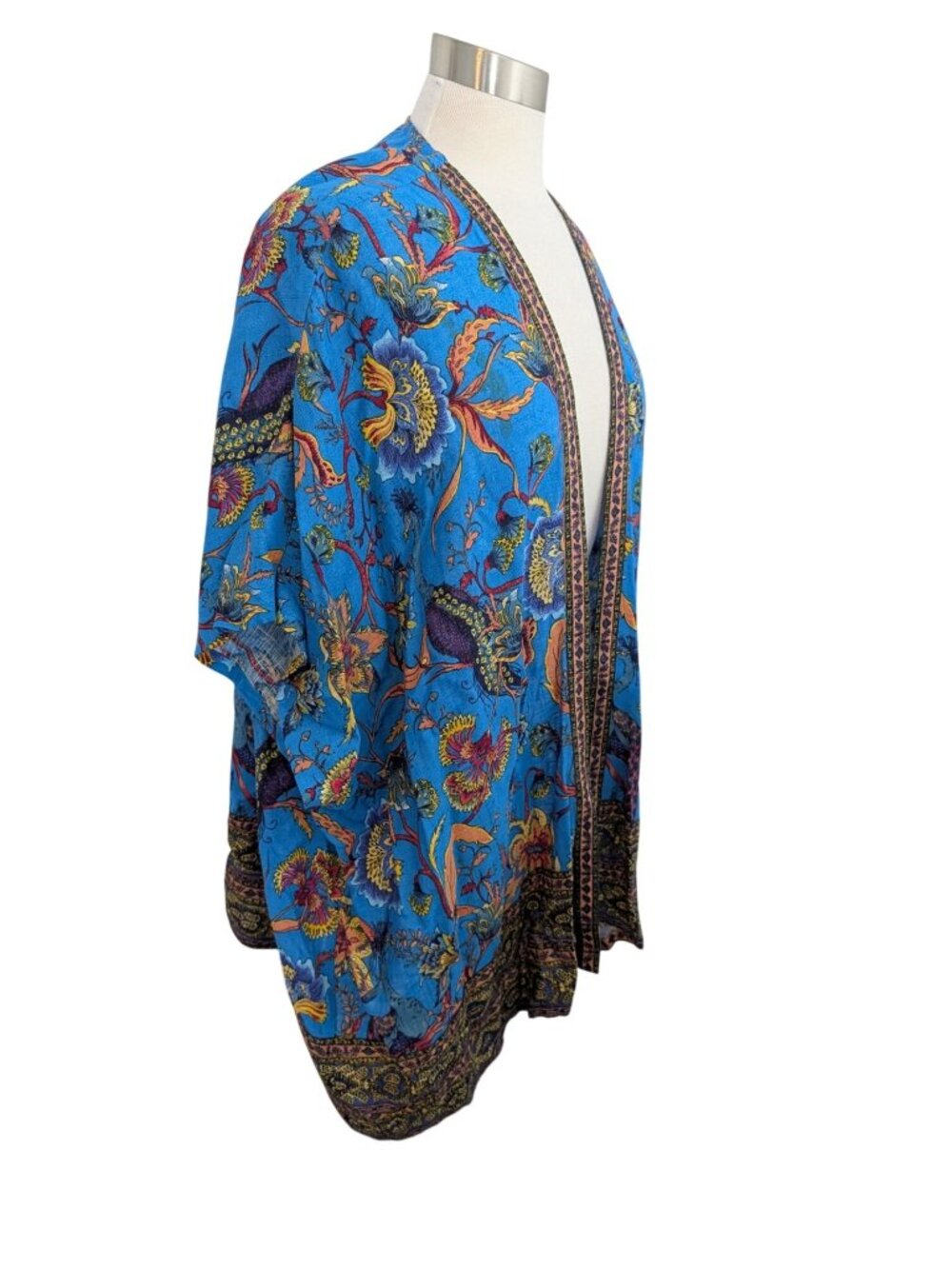 JM Collection Womens Linen Blend Aqua Floral Kimono Cardigan Size S - Picture 12 of 15